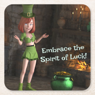 Posavasos Cuadrado De Papel Leprechaun Toon Chica al lado de la olla de oro