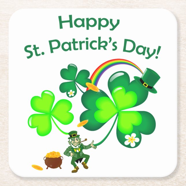 Posavasos Cuadrado De Papel Leprechaun y Shamrock (Anverso)