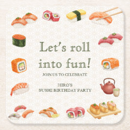Posavasos Cuadrado De Papel Let’s Roll into Fun! Sushi Birthday Party Invitati
