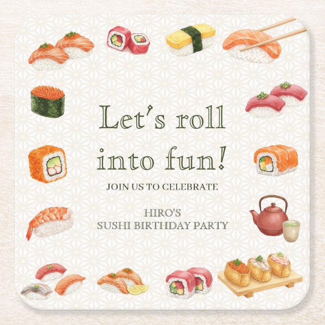 Posavasos Cuadrado De Papel Let’s Roll into Fun! Sushi Birthday Party Invitati (Anverso)