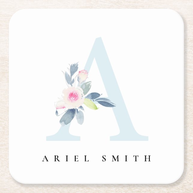 POSAVASOS CUADRADO DE PAPEL LETRA A DE NOMBRE DE ALFABETAS FLORALES AZULES DE  (Anverso)