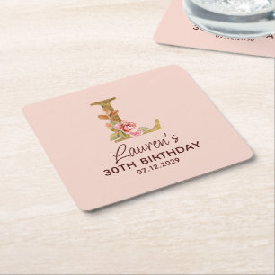Posavasos Cuadrado De Papel Letra L Monograma Dorado Rosas Rosadas