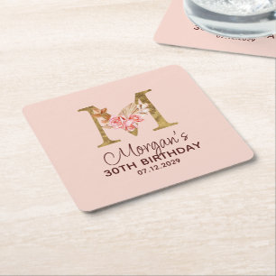 Posavasos Cuadrado De Papel Letra M Monograma Dorado Rosas Rosadas