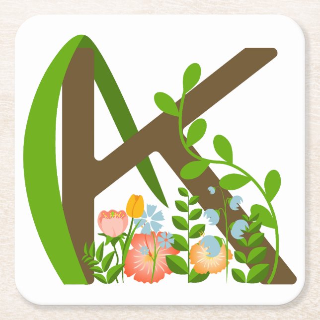 Posavasos Cuadrado De Papel Letra mayúscula monograma floral K (Anverso)
