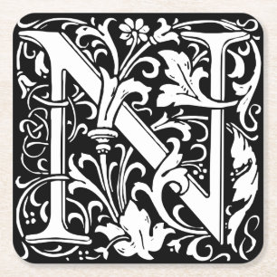Posavasos Cuadrado De Papel Letra N Monograma Medieval Art Nouveau