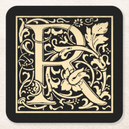 Posavasos Cuadrado De Papel Letra R primera letra vintage en sepia sobre negro