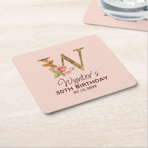 Posavasos Cuadrado De Papel Letra W Monograma Dorado Rosas Rosa Pálido