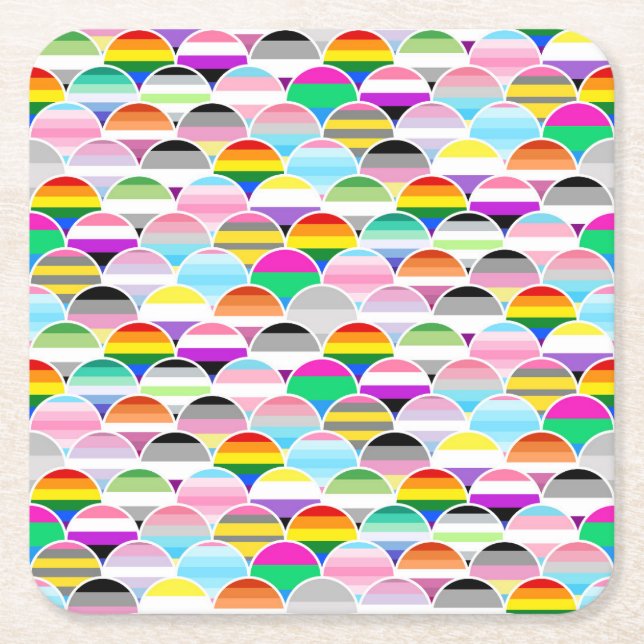 Posavasos Cuadrado De Papel LGBTQIA+ Queer Scalloped Pride Flag Fans (Anverso)