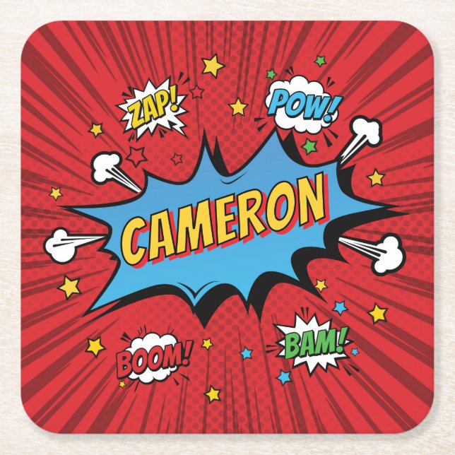 Posavasos Cuadrado De Papel Libro de Cómic de Cumpleaños de Superhéroe (Anverso)