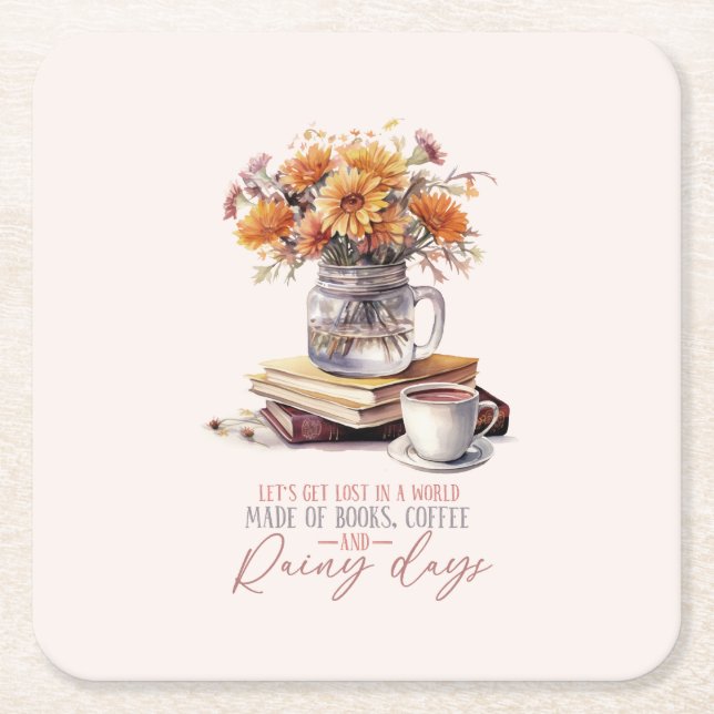 Posavasos Cuadrado De Papel Libros, café y días lluviosos (Anverso)