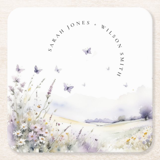Posavasos Cuadrado De Papel Lilac Wildflower Boda paisajístico de campo de mar (Anverso)