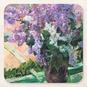 Posavasos Cuadrado De Papel Lilacs en una ventana, Mary Cassatt