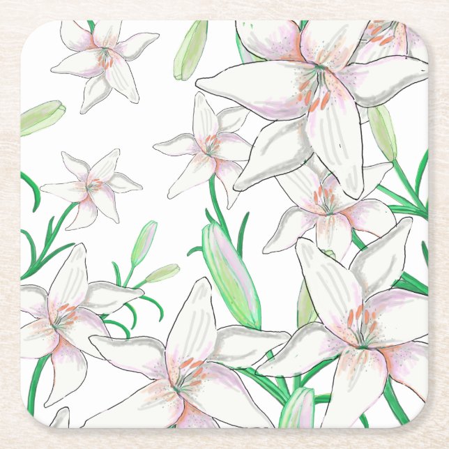 Posavasos Cuadrado De Papel Lilies blancos (Anverso)