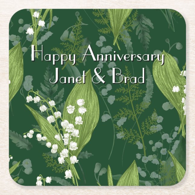 Posavasos Cuadrado De Papel Lily of Valley con Ferns || Personalizado verde os (Anverso)