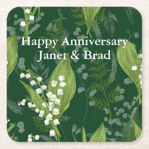 Posavasos Cuadrado De Papel Lily of Valley con Ferns    Personalizado verde os