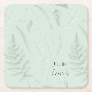 Posavasos Cuadrado De Papel Lily of Valley con Ferns    Personalizado verde su