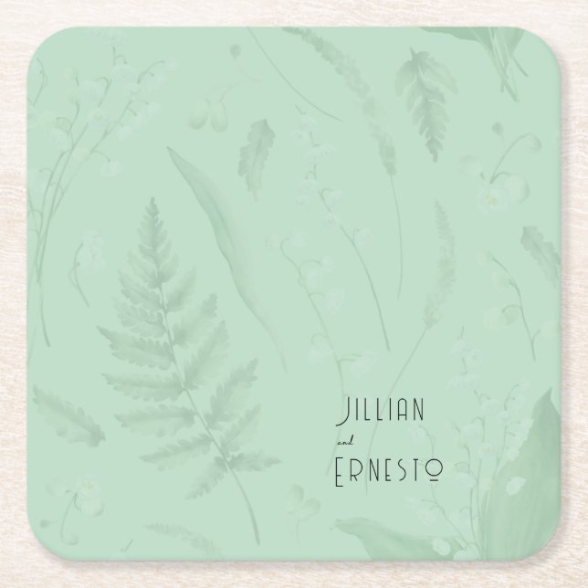 Posavasos Cuadrado De Papel Lily of Valley con Ferns || Personalizado verde su (Anverso)