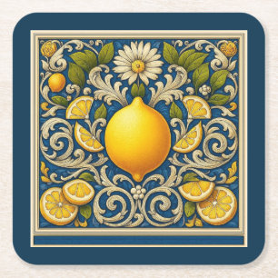 Posavasos Cuadrado De Papel Limon Amalfi Azul Mediterráneo Art Nouveau