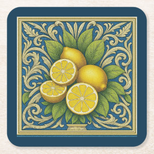 Posavasos Cuadrado De Papel Limon Amalfi Azul Mediterráneo Art Nouveau