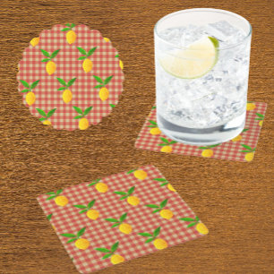 Posavasos Cuadrado De Papel Limones amarillos vintage retro sobre cuadros rojo