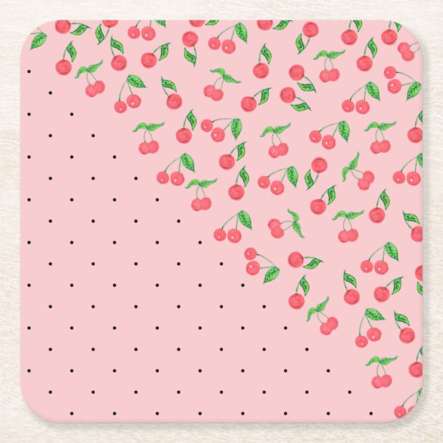 Posavasos Cuadrado De Papel lindo acuarela cerezo negro patrón de puntos de po (Anverso)