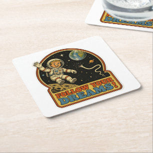 Posavasos Cuadrado De Papel Lindo astronauta retro sigue tus sueños meme espac