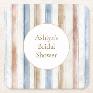 Posavasos Cuadrado De Papel Lindo Baño de Boda de Rayas Azules Crema y Beige