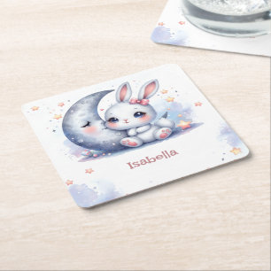 Posavasos Cuadrado De Papel lindo conejo blanco pequeño y la luna