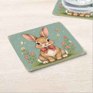 Posavasos Cuadrado De Papel Lindo conejo marrón adorable con corbata de lazo