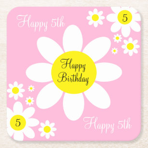 Posavasos Cuadrado De Papel Lindo Cumpleaños 5 Floral Rosa Claro y Blanco