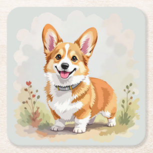 Posavasos Cuadrado De Papel Lindo perro Corgi Galés de Pembroke Rojo