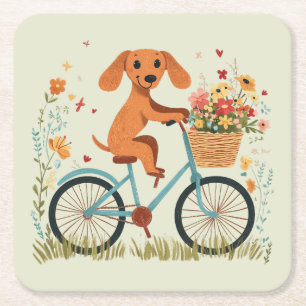 Posavasos Cuadrado De Papel Lindo perro Dachshund en bicicleta con flores de p