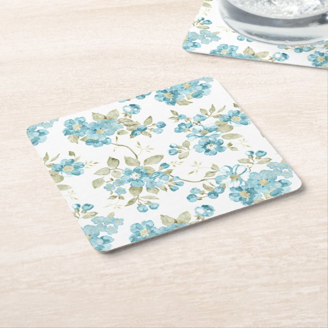 Posavasos Cuadrado De Papel Lindo verde oliva aqua turquesa floral acuarela (En perspectiva)