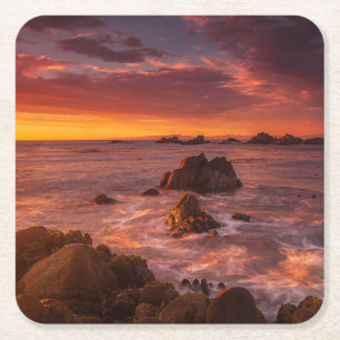 Posavasos Cuadrado De Papel Línea costera   Sunset Pacific Grove Carmel Califo