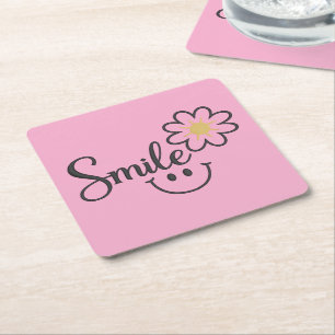 Posavasos Cuadrado De Papel Línea de arte de girasol sonriente Posavasos cua