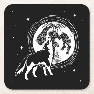 Posavasos Cuadrado De Papel Linocut Husky Moon negro y blanco