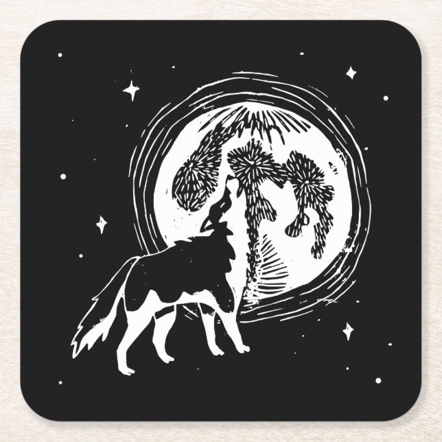Posavasos Cuadrado De Papel Linocut Husky Moon negro y blanco (Anverso)