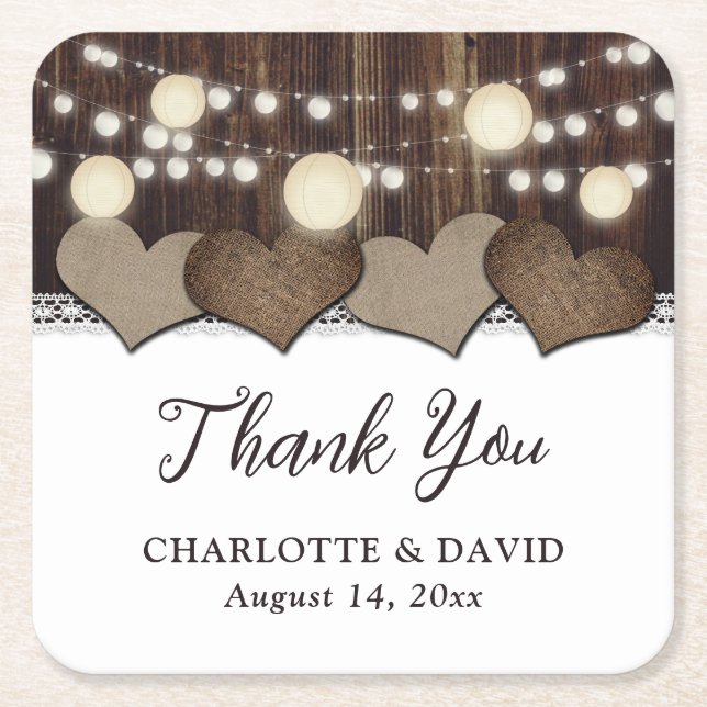 Posavasos Cuadrado De Papel Linterna de boda de madera rústica de campo con en (Anverso)