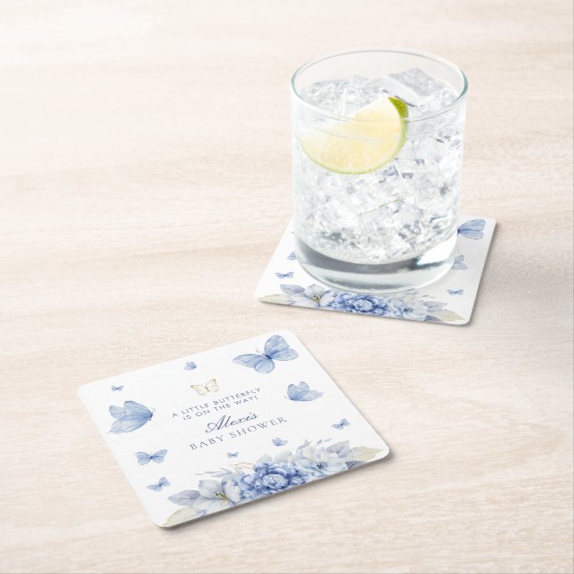 Posavasos Cuadrado De Papel Little Butfly Boy Baby Shower (In situ)