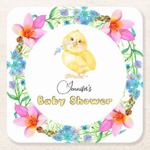 Posavasos Cuadrado De Papel Little Chick Floral Baby Shower