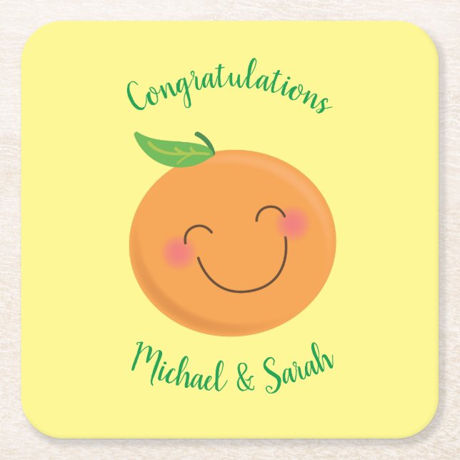 Posavasos Cuadrado De Papel Little Cutie Tangerine Baby Shower (Anverso)