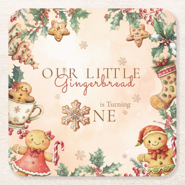 Posavasos Cuadrado De Papel Little Gingerbread Christmas 1st Birthday (Anverso)