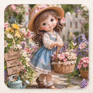 Posavasos Cuadrado De Papel Little girl and her flower garden