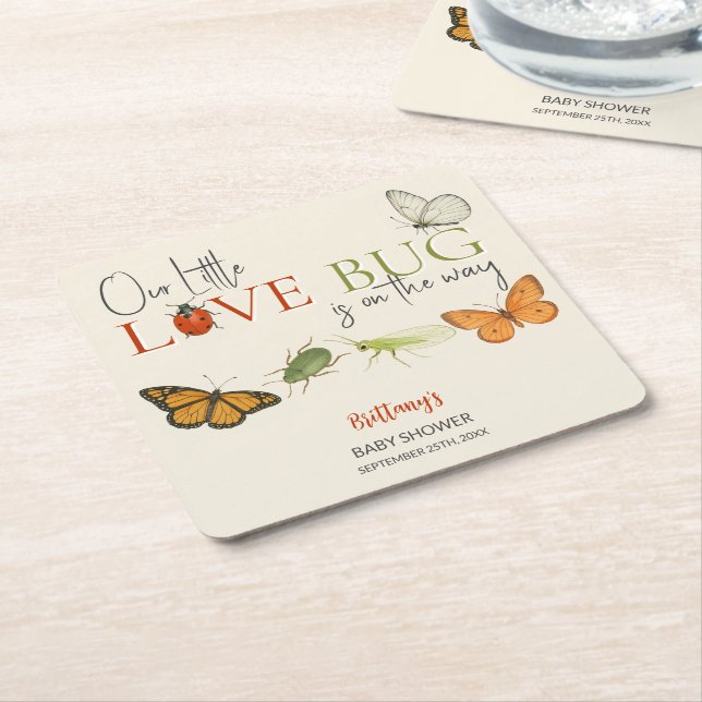 Posavasos Cuadrado De Papel Little Love Bug Baby Shower Butfly (En perspectiva)