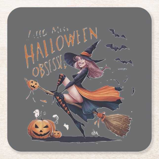 Posavasos Cuadrado De Papel Little Miss Halloween Obsessed (Anverso)