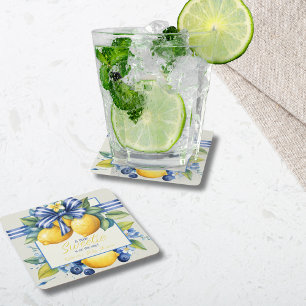 Posavasos Cuadrado De Papel Little Sweetie Blue Bow Tile Lemon Baby Shower