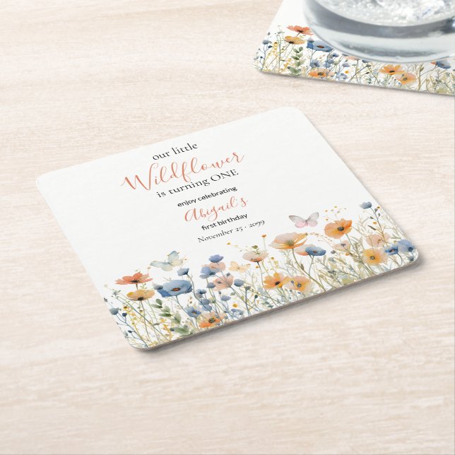 Posavasos Cuadrado De Papel Little Wildflower Butterfly Meadow 1st Birthday (En perspectiva)
