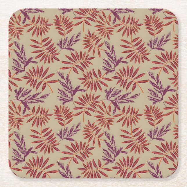 Posavasos Cuadrado De Papel Lively Red and Purple Leaf Motifs on Neutral Beige (Anverso)