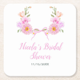 Posavasos Cuadrado De Papel Lluvia de Boda con Lazo Floral Rosa