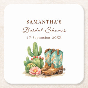 Posavasos Cuadrado De Papel Lluvia de boda de vaquera de Arizona Cactus de ter